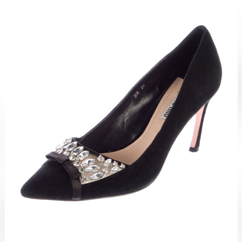 Miu Miu black suede jeweled heels bow detail